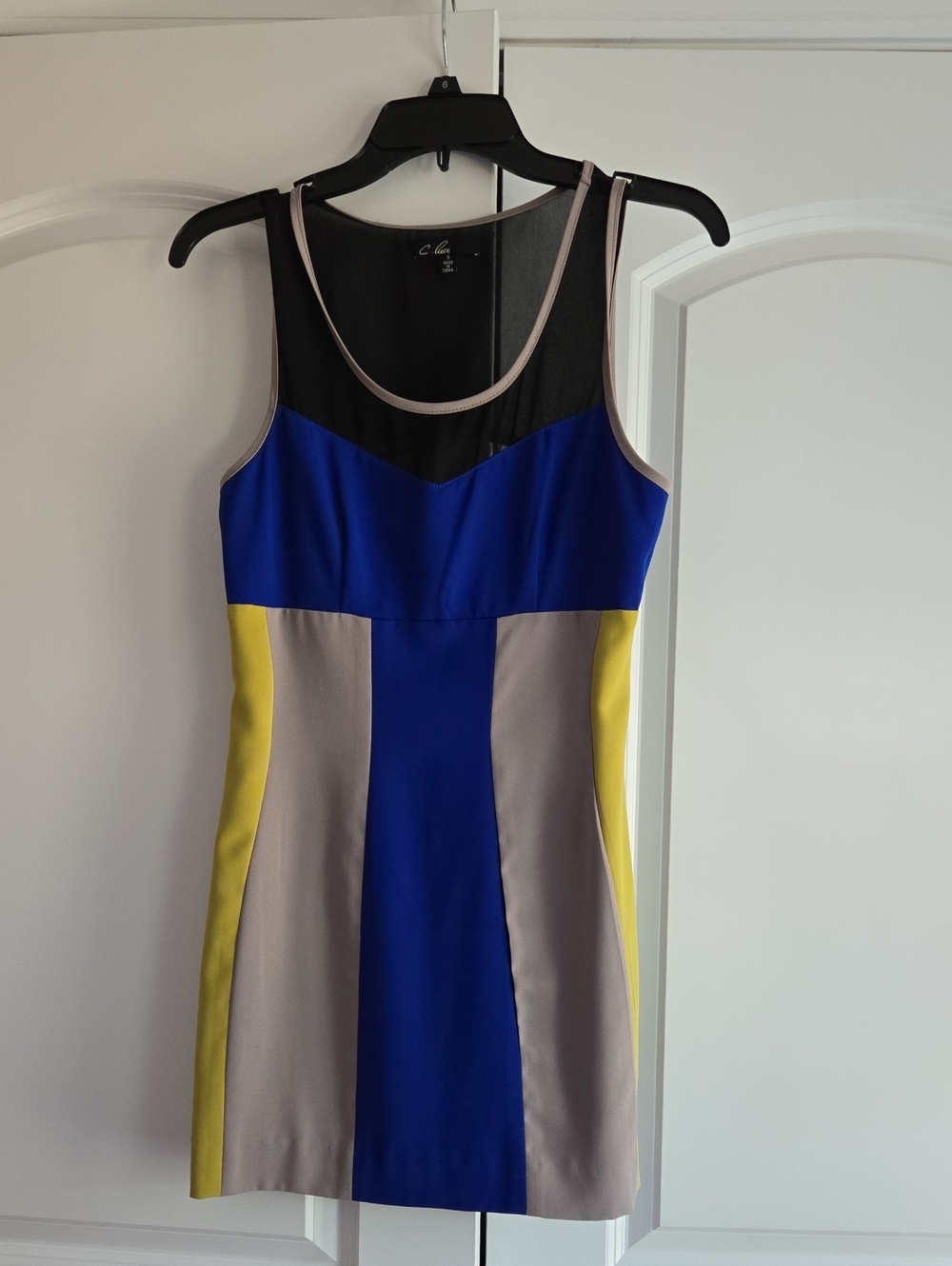 Colorblock Sheath Dress in Blue, Yellow & Taupe